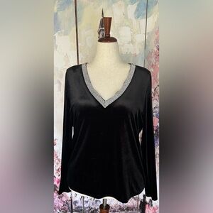 Boston Proper - Black Velvet Rhinestone V-Neck Top. Size XL